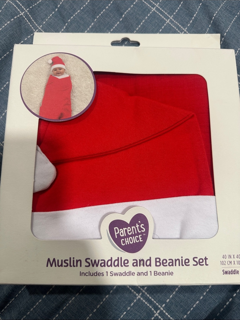 Parent's Choice Muslin Swaddle and Beanie Set Red & White